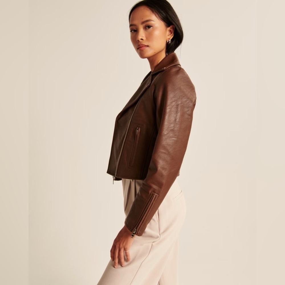 NWT Abercrombie & Fitch Vegan Leather Moto Jacket in Dark Brown - Picture 4 of 9